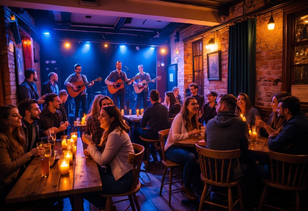 Couples and friends enjoying live music at a cozy indoor venue with a band performing on stage.