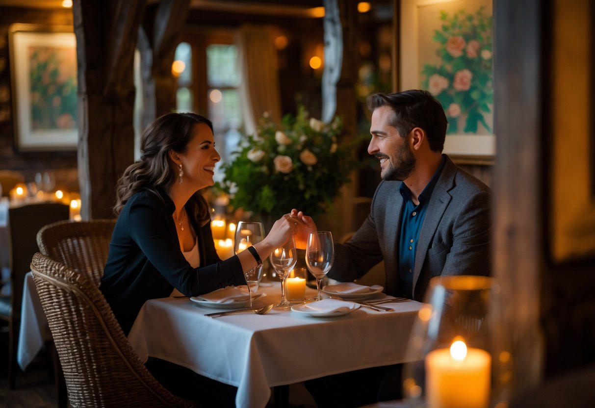 A couple enjoying a romantic dinner at a warmly lit restaurant table with candles and elegant decor.