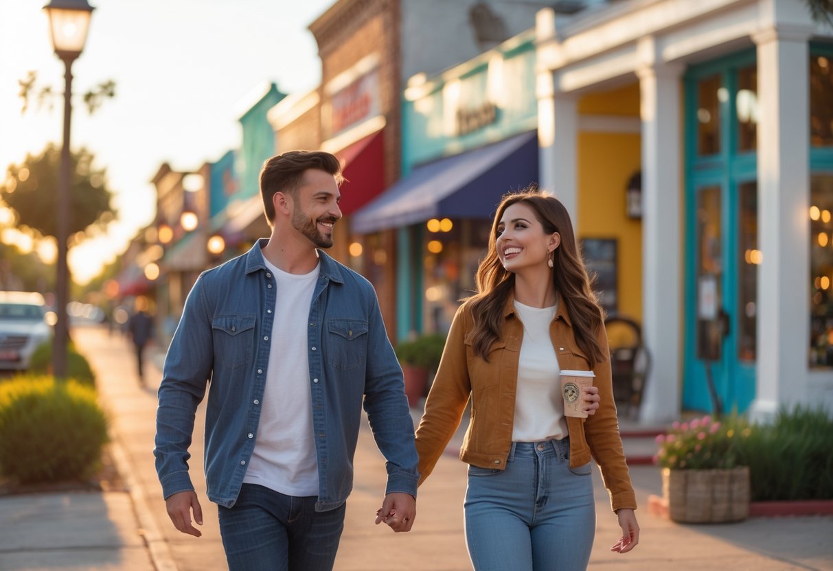 A young couple walking hand-in-hand along a charming street with shops and cafes in Katy, Texas during sunset.