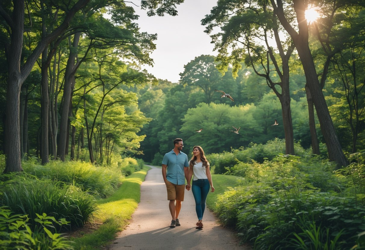 A couple walking on a forest trail surrounded by trees and birds at a nature sanctuary.