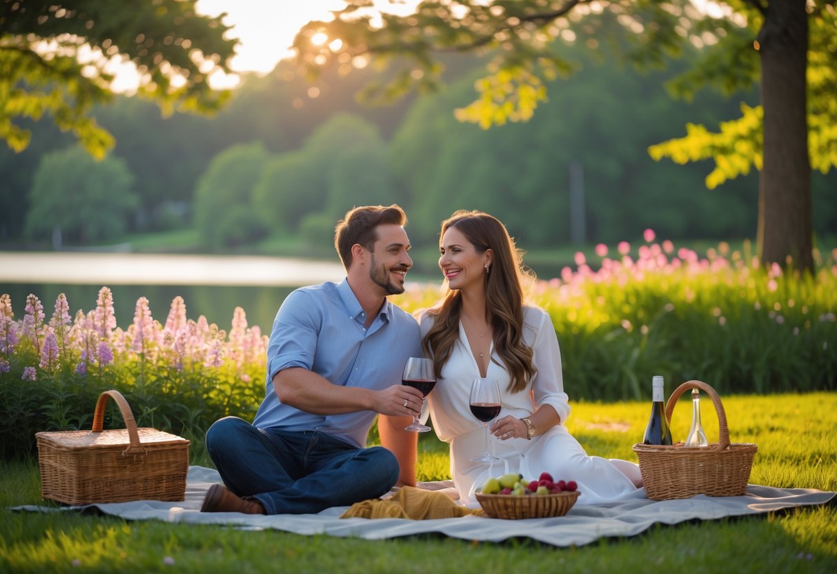 A couple enjoying a picnic together in a scenic park with trees and a lake in the background.