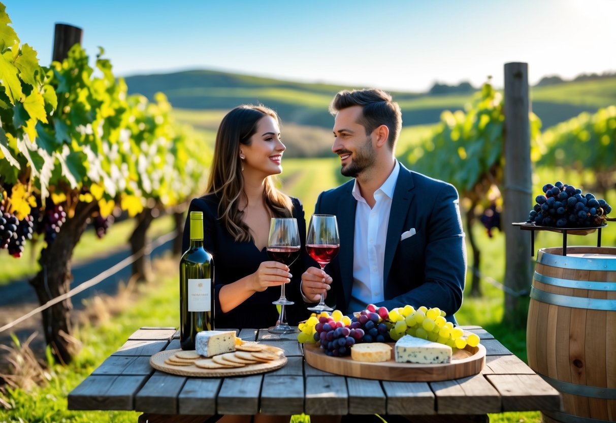 A couple enjoying wine tasting at an outdoor vineyard table surrounded by grapevines and hills.