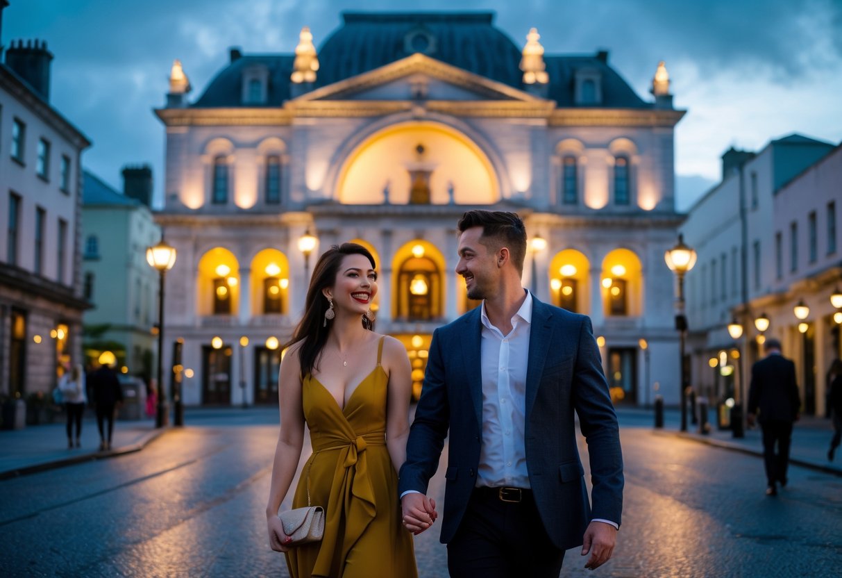 A couple holding hands and walking toward the entrance of Cork Opera House at dusk.