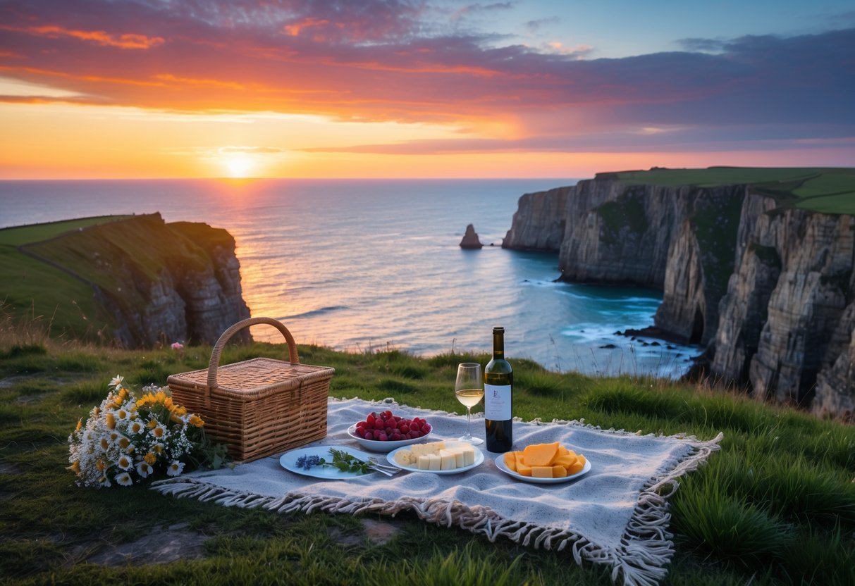 A picnic setup on a grassy cliff overlooking the ocean at sunset with a basket, wine glasses, fruit, and wildflowers.