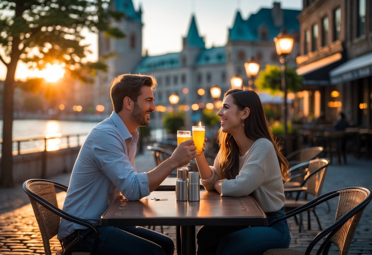 A young couple enjoying a romantic outdoor date at a café near the waterfront in Old Montreal with historic buildings and the river in the background.