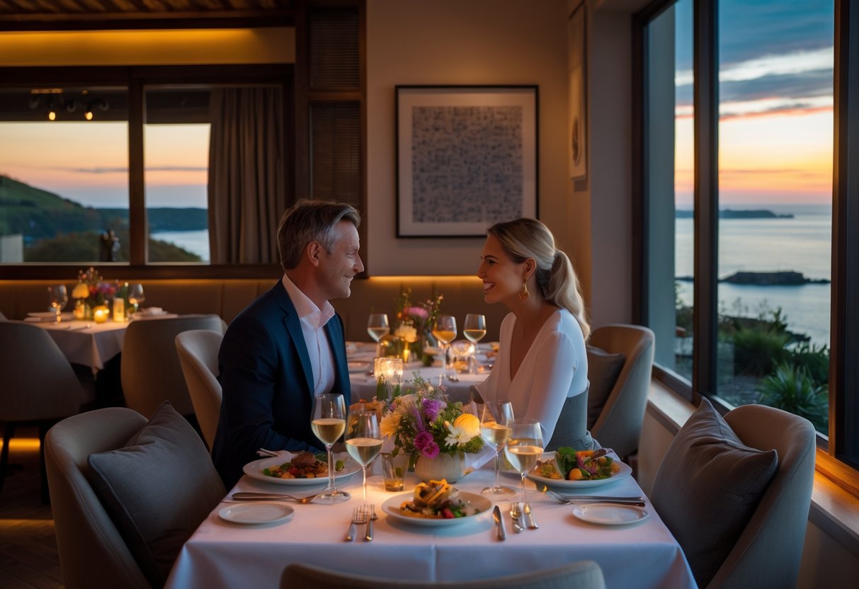 A couple enjoying a romantic dinner at a cozy table inside a restaurant overlooking the Cornwall coast at sunset.