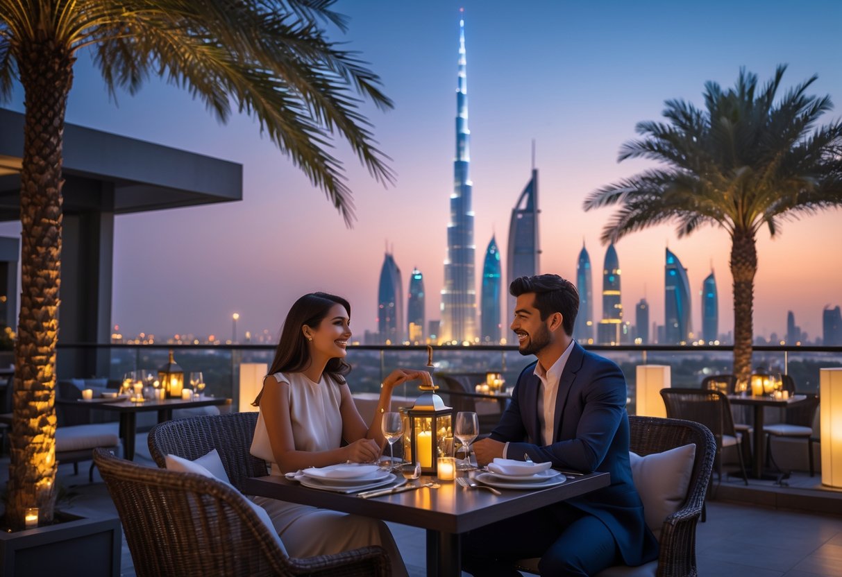 A young couple enjoying a romantic dinner at a rooftop restaurant with the Doha city skyline in the background during sunset.