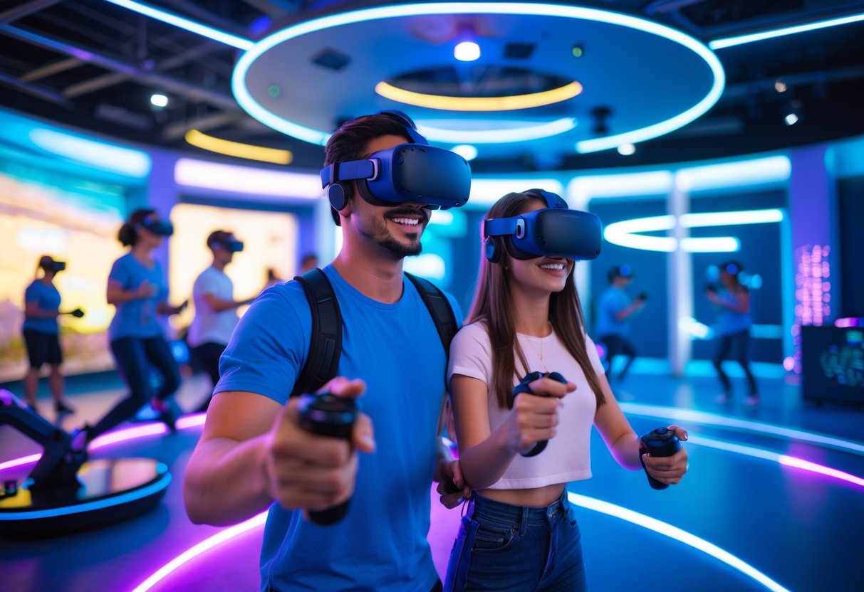 A young couple wearing VR headsets and holding controllers, playing virtual reality games together in a modern indoor VR park.