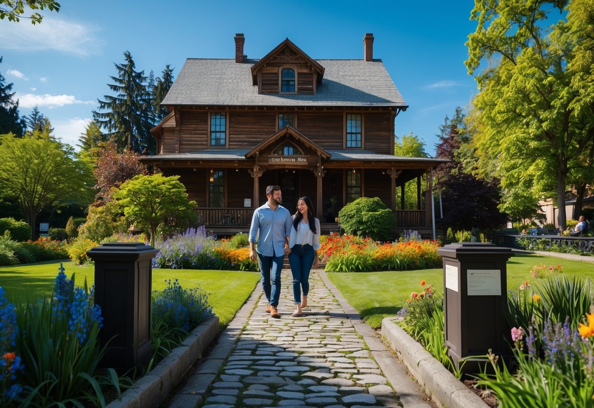 A young couple walking along a path toward a historic wooden house surrounded by greenery and flowers.