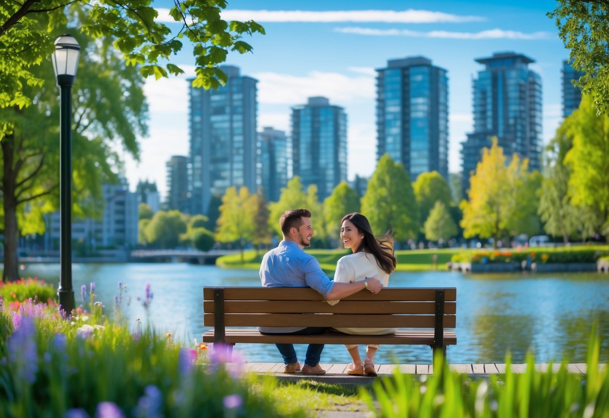 A couple sitting on a bench by a lake in a park with trees and city buildings in the background.