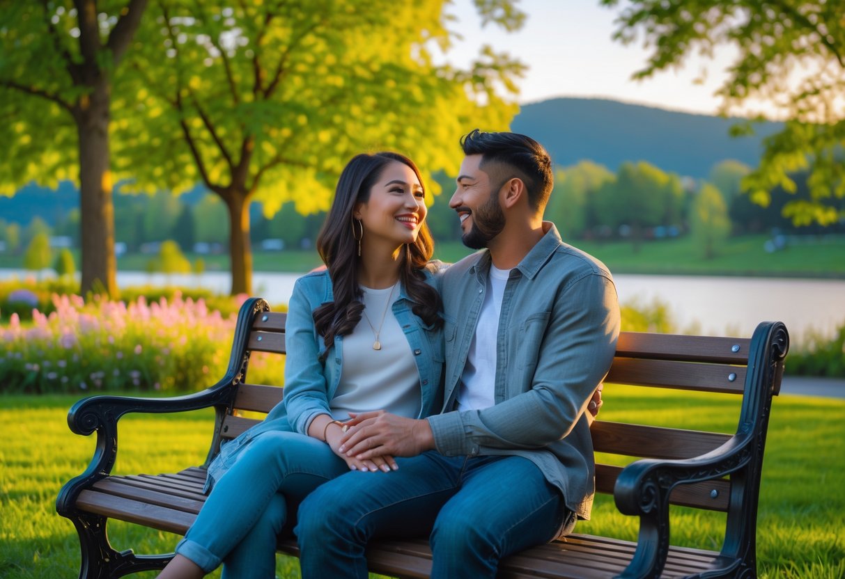 A couple sitting closely on a bench in a green park, smiling and enjoying each other's company near a lake.
