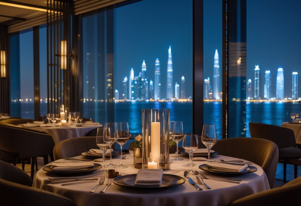 A couple's dinner table set for two inside a restaurant with large windows showing the illuminated Doha city skyline at night.