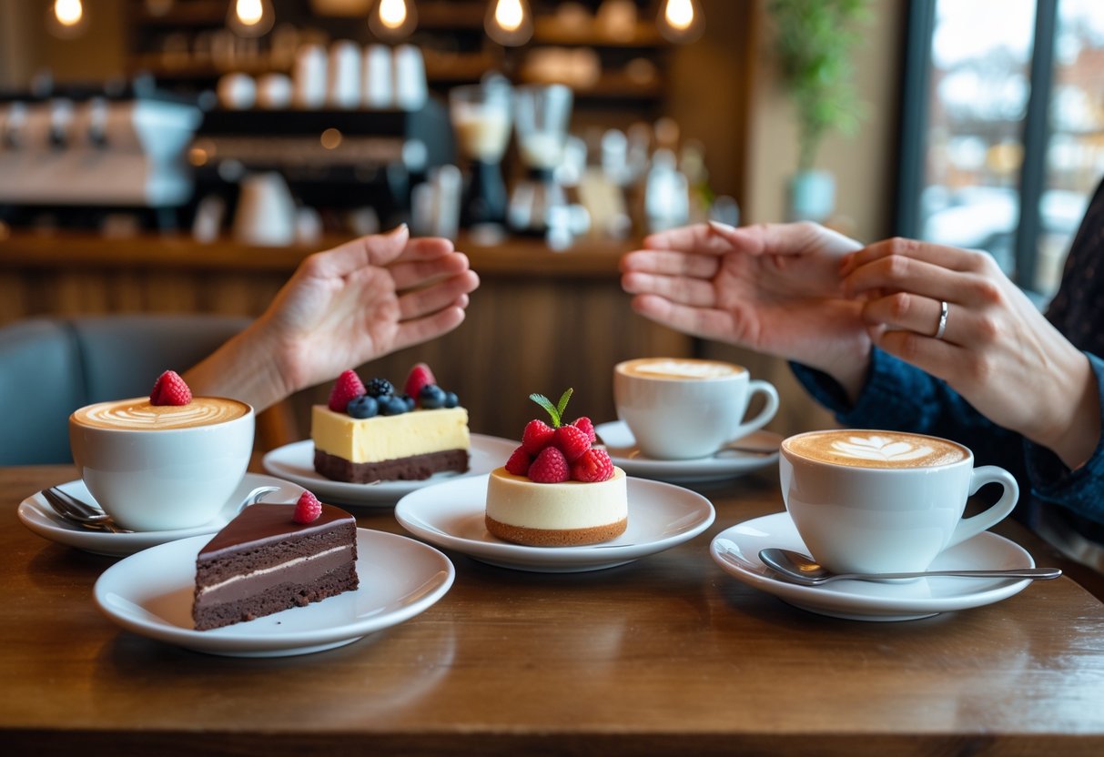 A table with assorted desserts and two cups of coffee in a cozy coffee shop setting, with hands reaching toward the desserts.