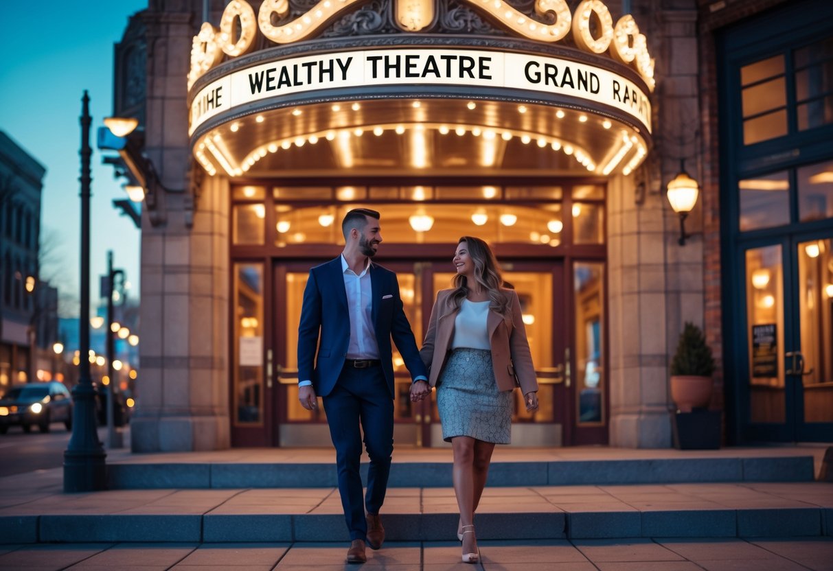 A couple walking hand in hand outside the Wealthy Theatre in Grand Rapids during the evening.
