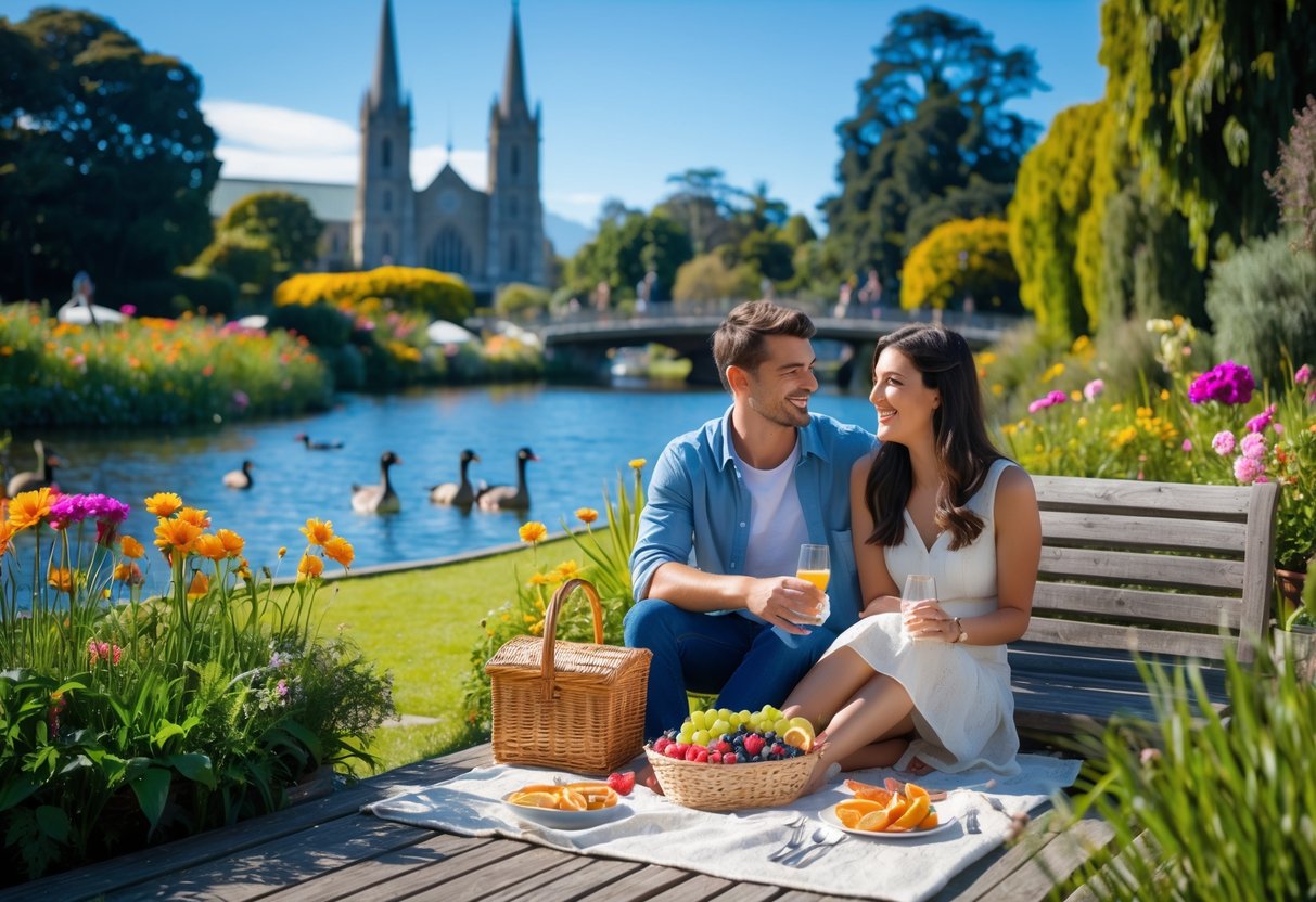 A young couple enjoying a picnic on a bench in a lush garden near a pond with ducks, with a historic cathedral and river in the background.
