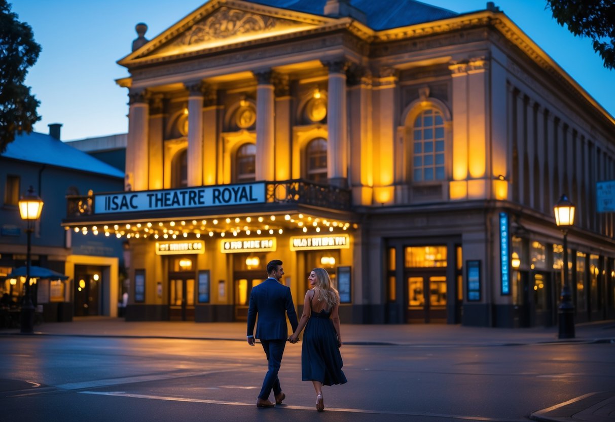 A couple walking hand-in-hand towards the entrance of a grand historic theatre at night with warm lights and city surroundings.