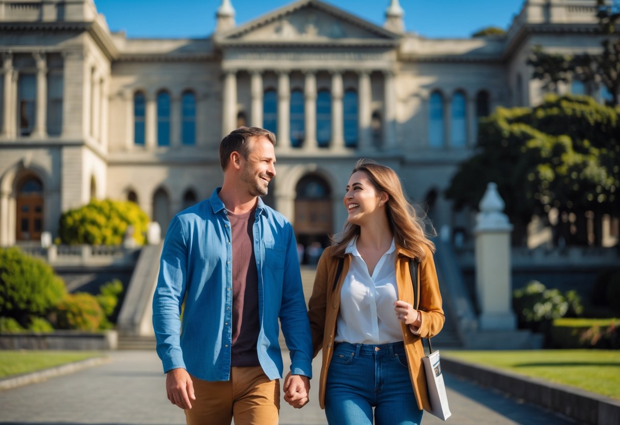 A couple walking together outside Canterbury Museum in Christchurch on a sunny day.