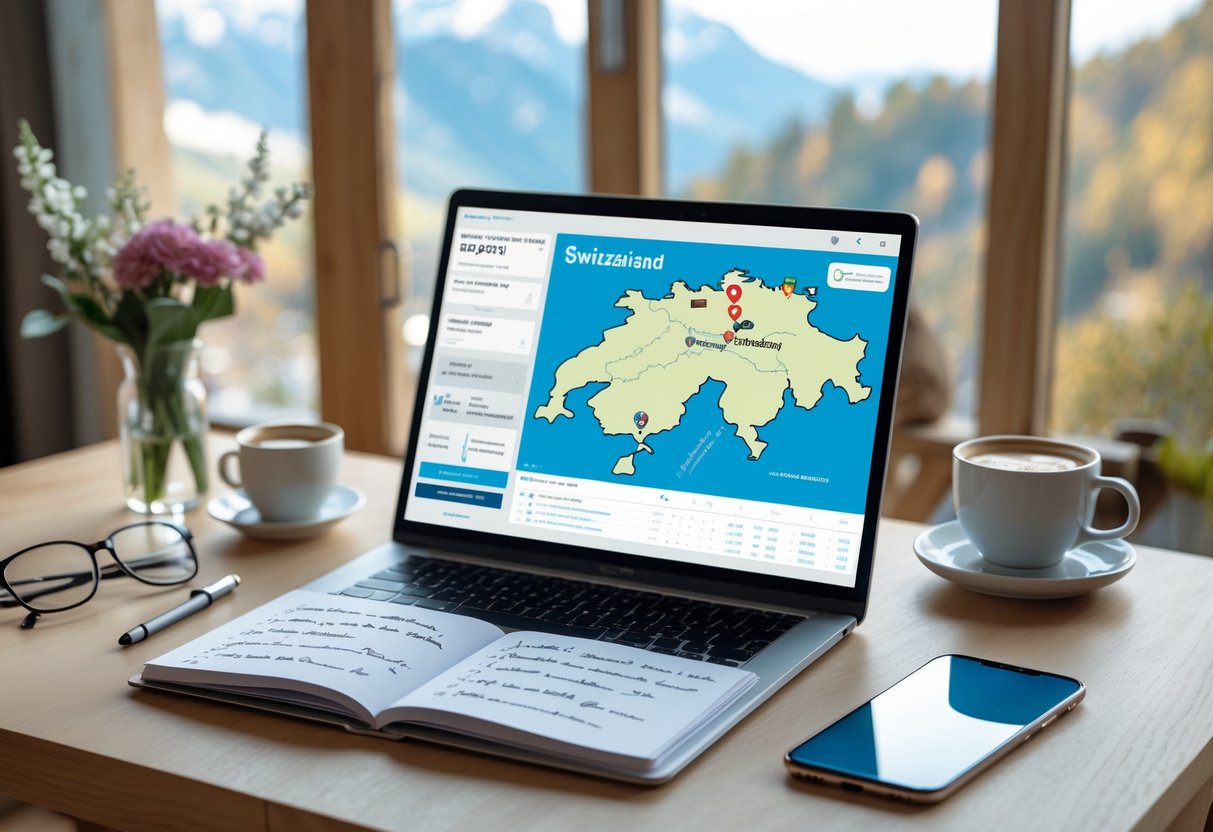 A table with a planner, laptop showing a map of Switzerland, smartphone, and flowers by a window with mountain views.