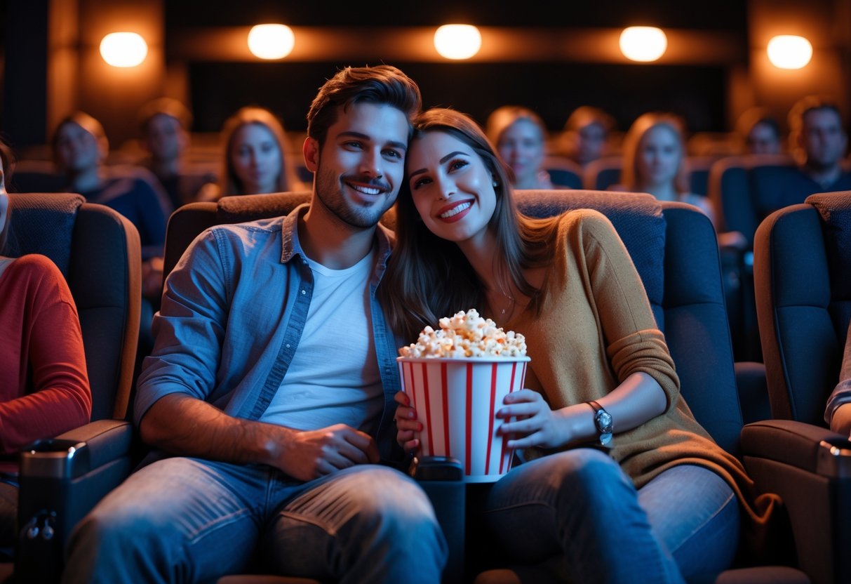 A young couple sitting together in a cinema, sharing popcorn and enjoying a movie.