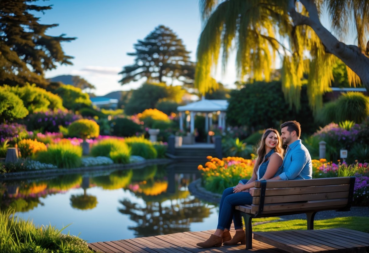 A young couple sitting on a bench by a pond in a lush garden, enjoying a peaceful outdoor moment together.