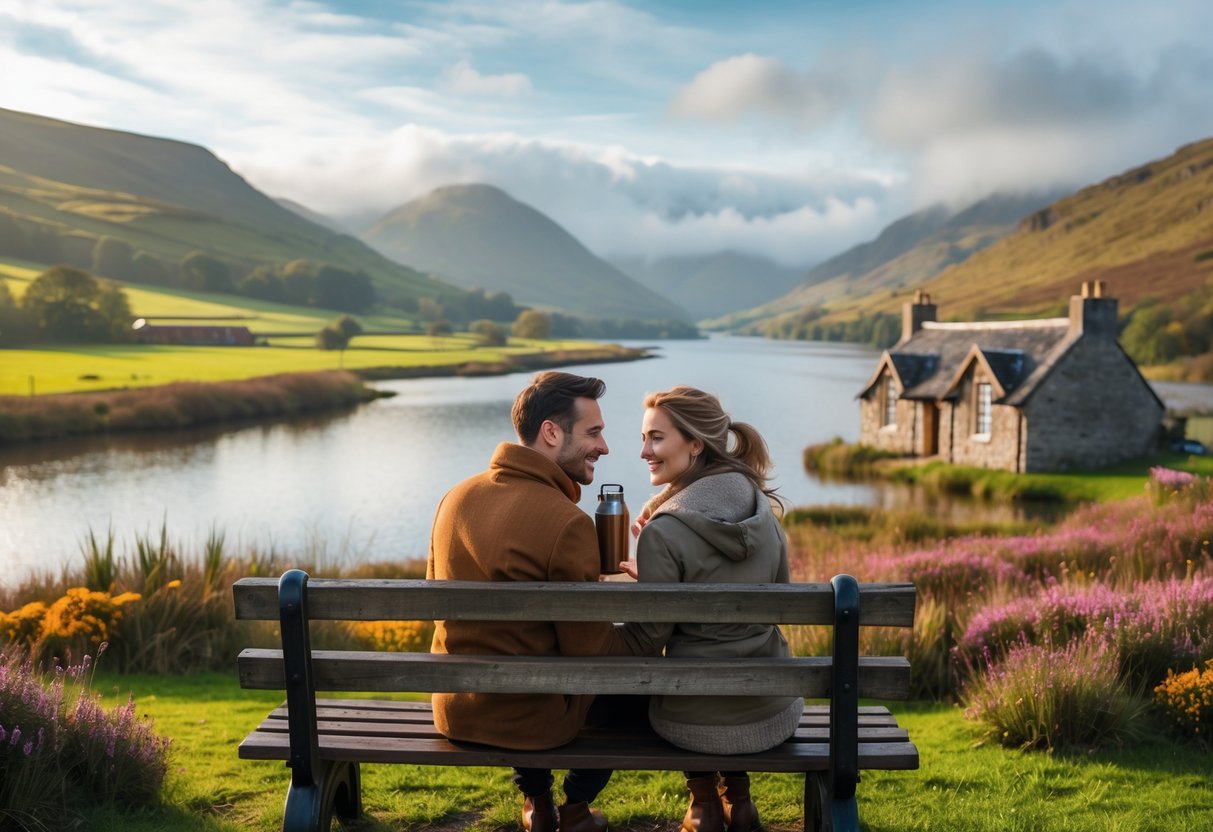 A couple sitting on a bench by a lake surrounded by green hills and mountains in Scotland.