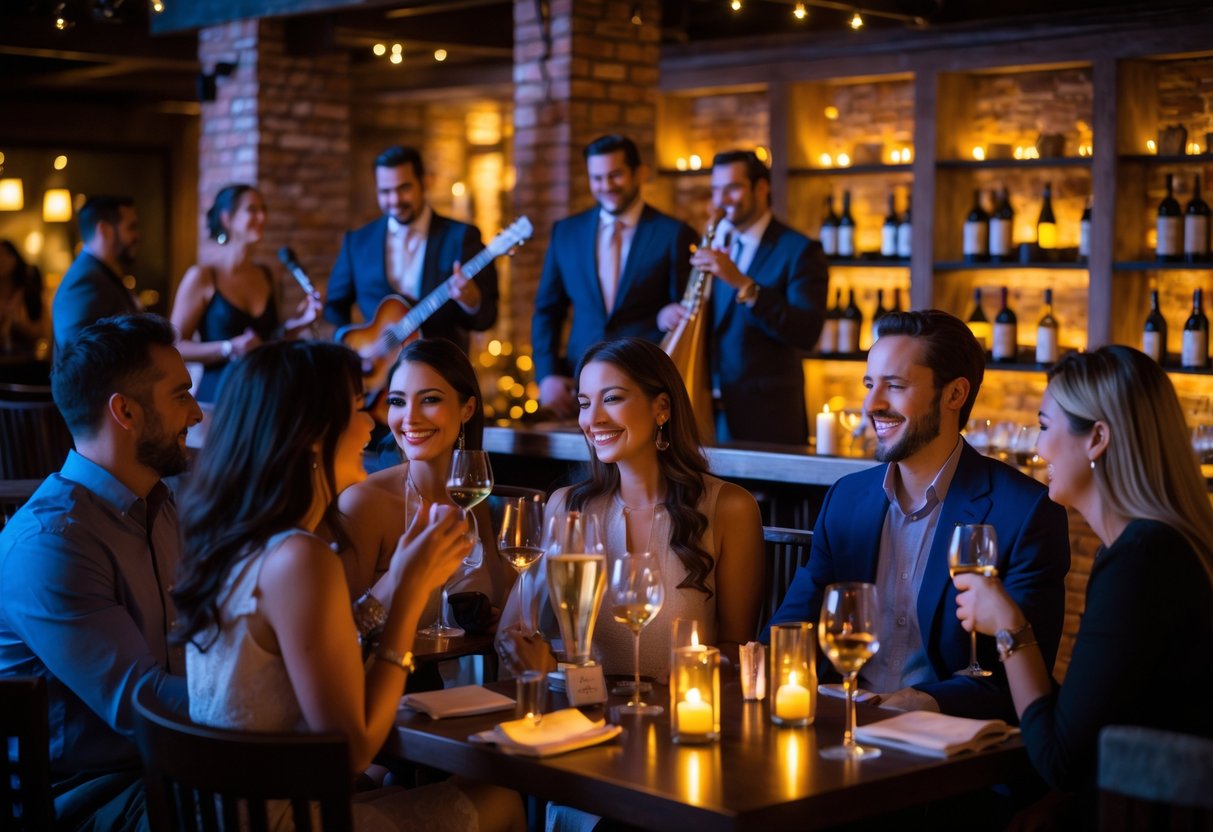 Couples enjoying live music and wine at a cozy bar with musicians playing on a small stage.