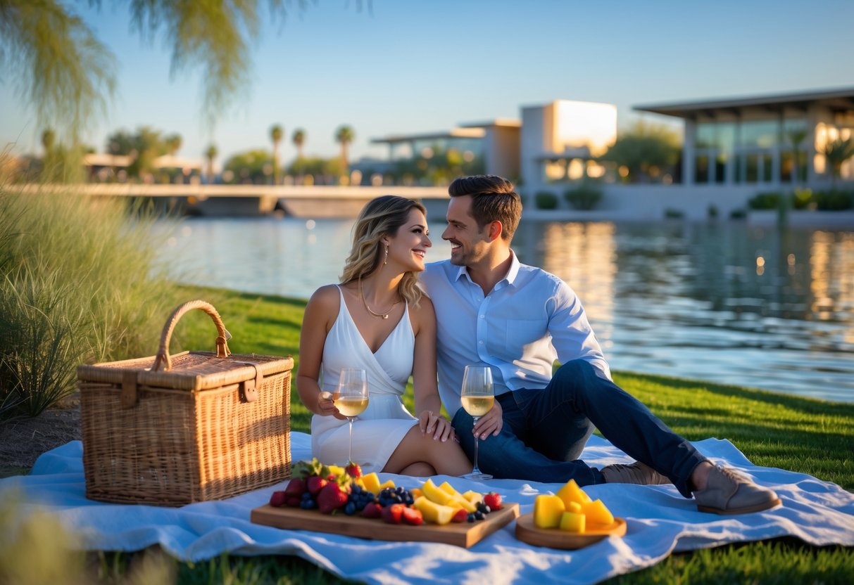 A couple having a picnic near the water at Scottsdale Waterfront with greenery and buildings in the background.