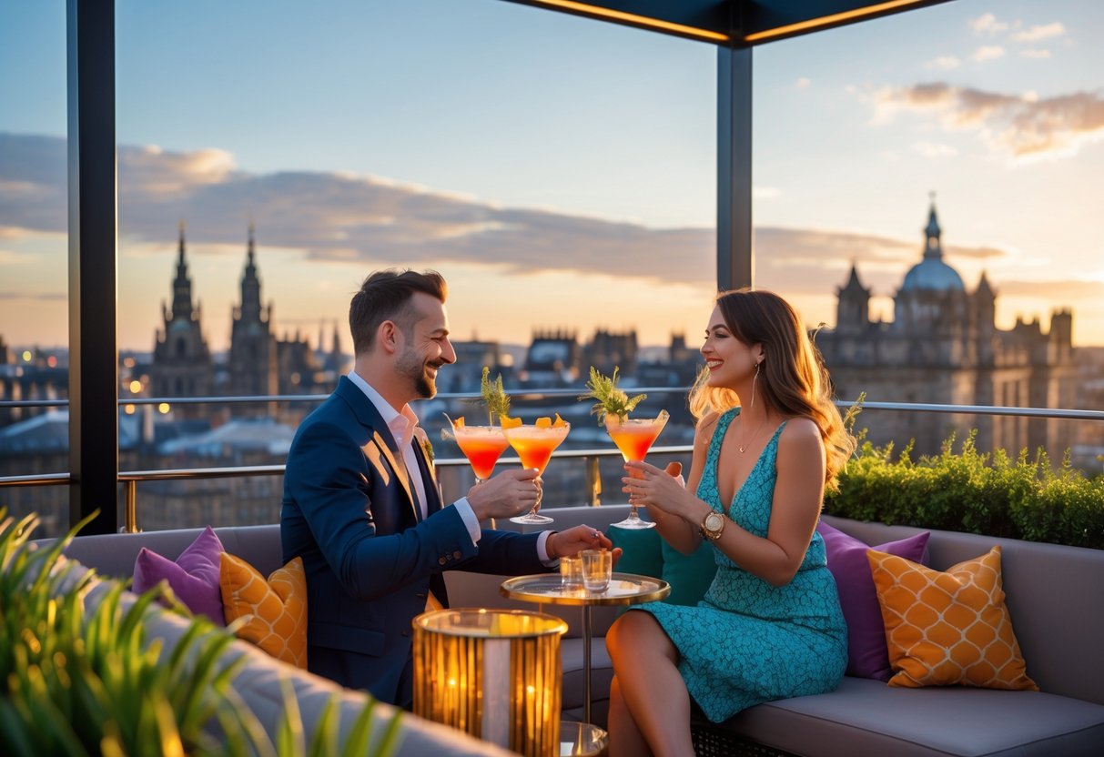 A couple enjoying cocktails together on a rooftop bar with the Edinburgh city skyline in the background.