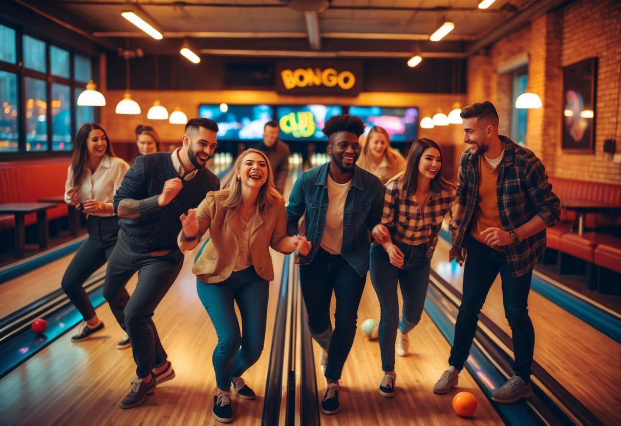 People enjoying a vintage bowling night at a retro bowling alley with wooden lanes and warm lighting.