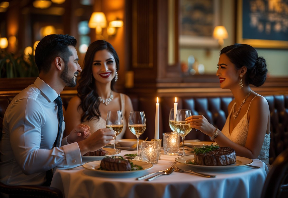 A couple enjoying a romantic dinner at an elegant steakhouse with warm lighting and classic decor.