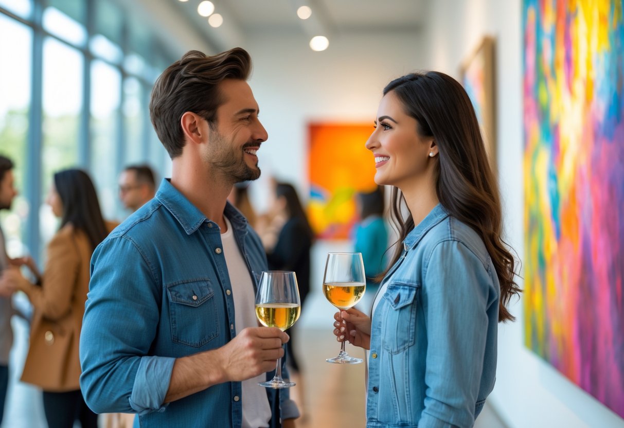 A couple enjoying an art gallery date, looking at paintings and smiling.