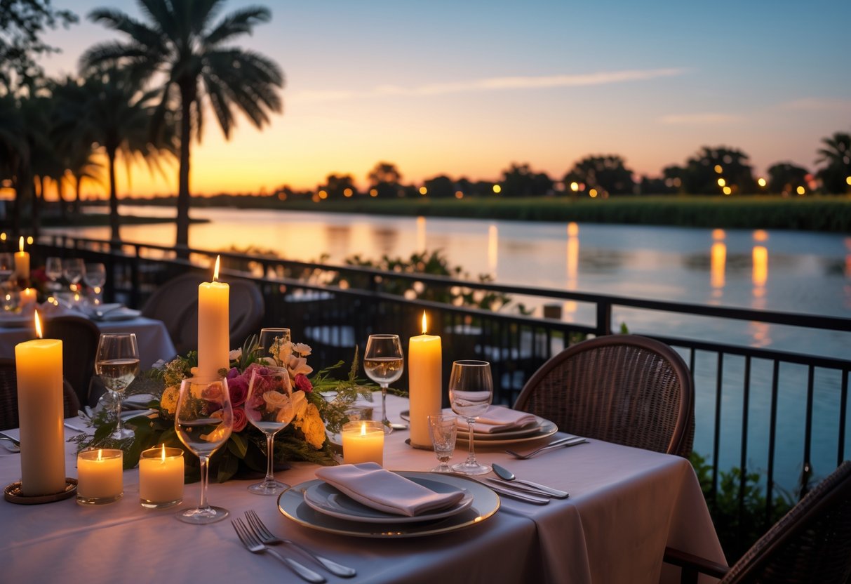A candlelit dinner table set by the waterfront at sunset with calm water and greenery in the background.