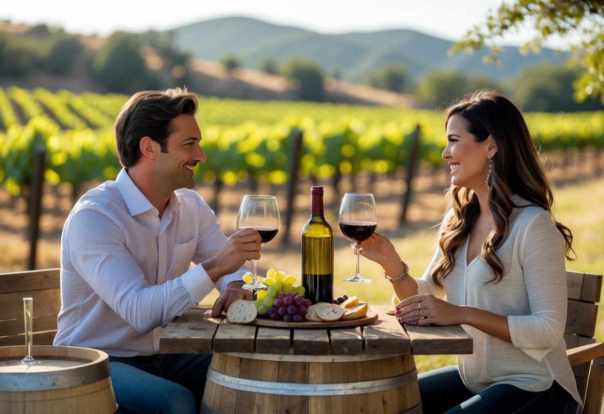A couple enjoying wine tasting outdoors at a vineyard with a table set with wine glasses, a bottle, and a charcuterie board.