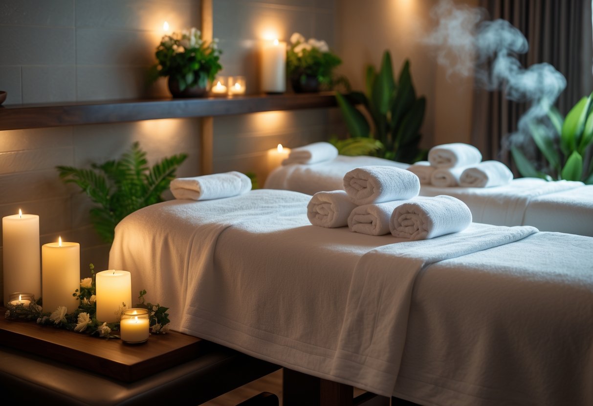 A peaceful spa room with two massage tables side by side, soft lighting, candles, and plants creating a relaxing atmosphere.