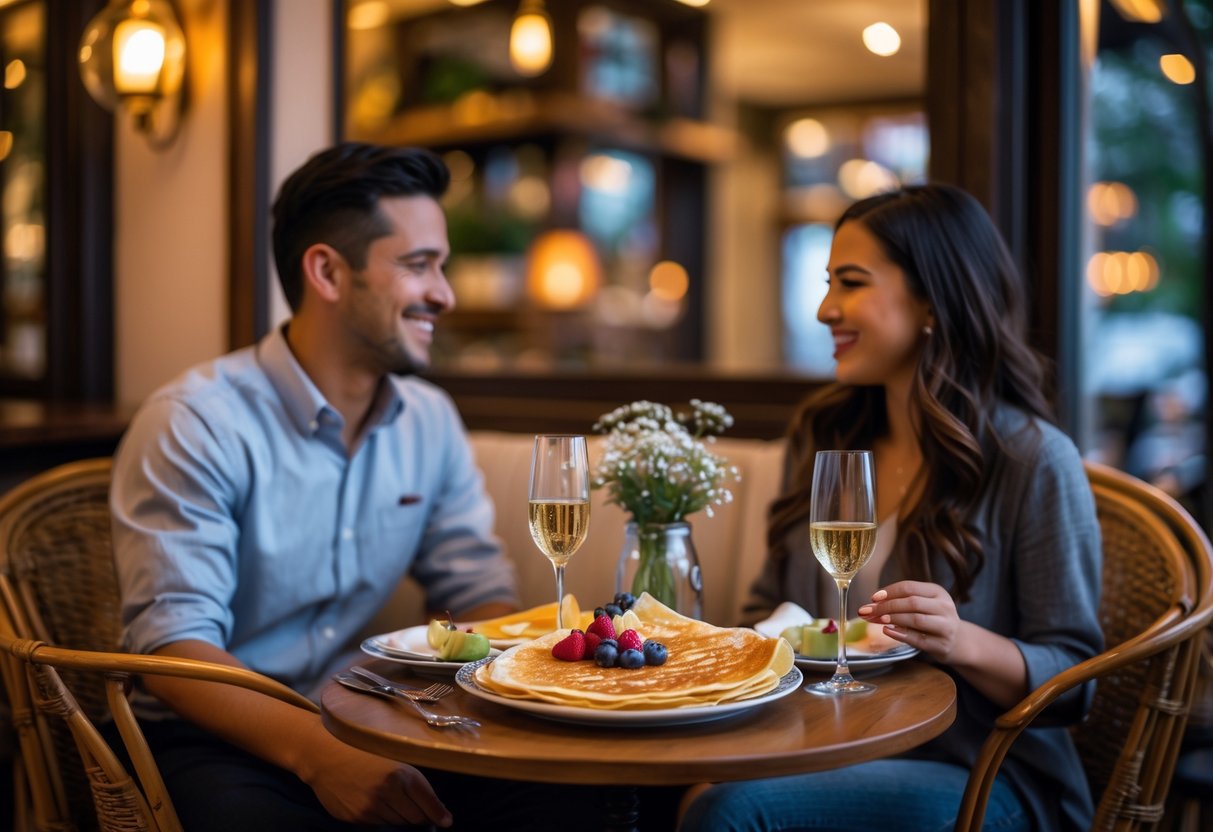 A couple enjoying dessert and drinks at a cozy crêperie table during a date night.