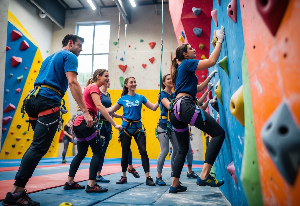 People climbing on colorful indoor climbing walls at a spacious climbing centre, enjoying an active group activity.