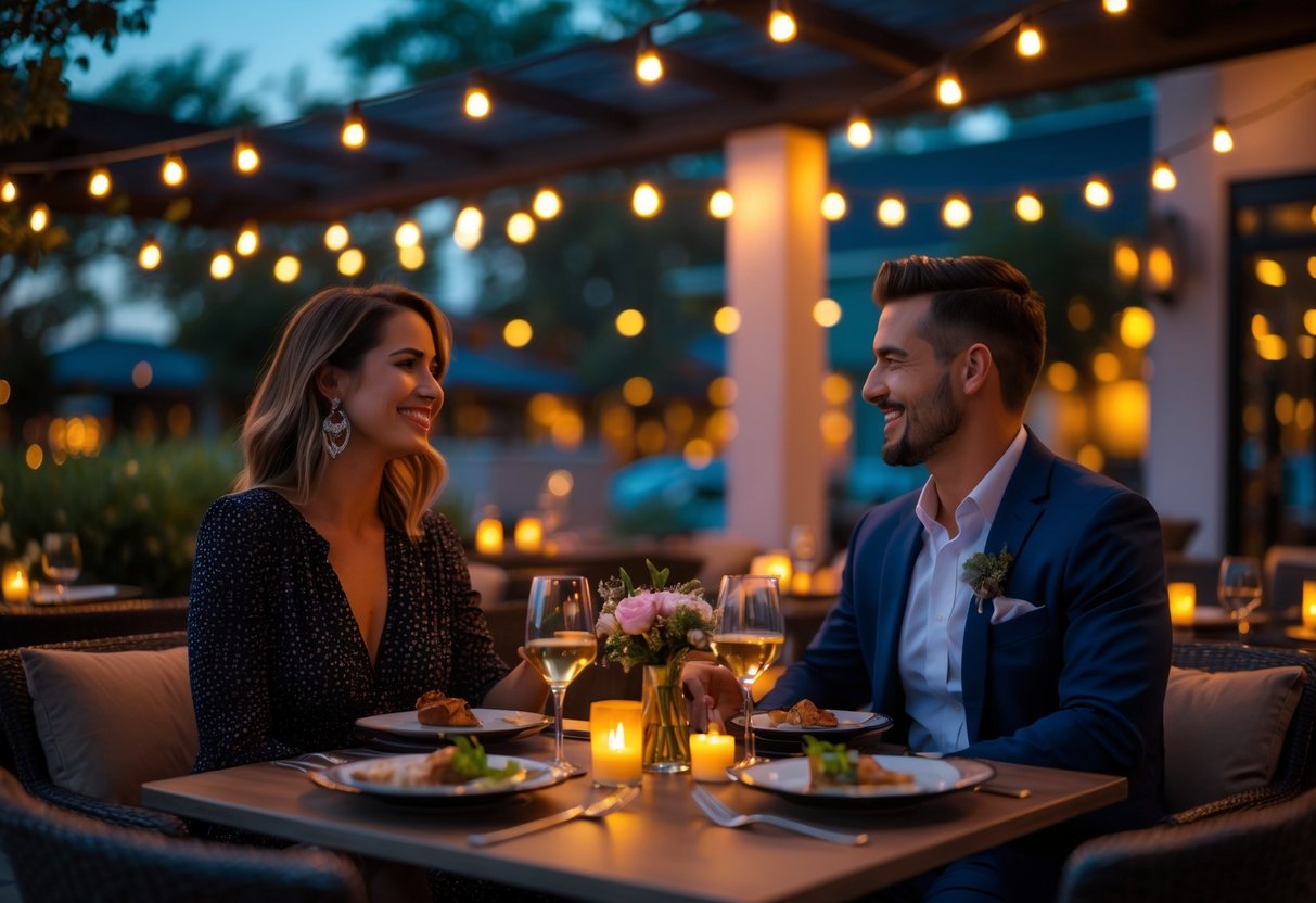 A couple enjoying a romantic outdoor dinner at sunset with warm lighting and a beautifully set table.