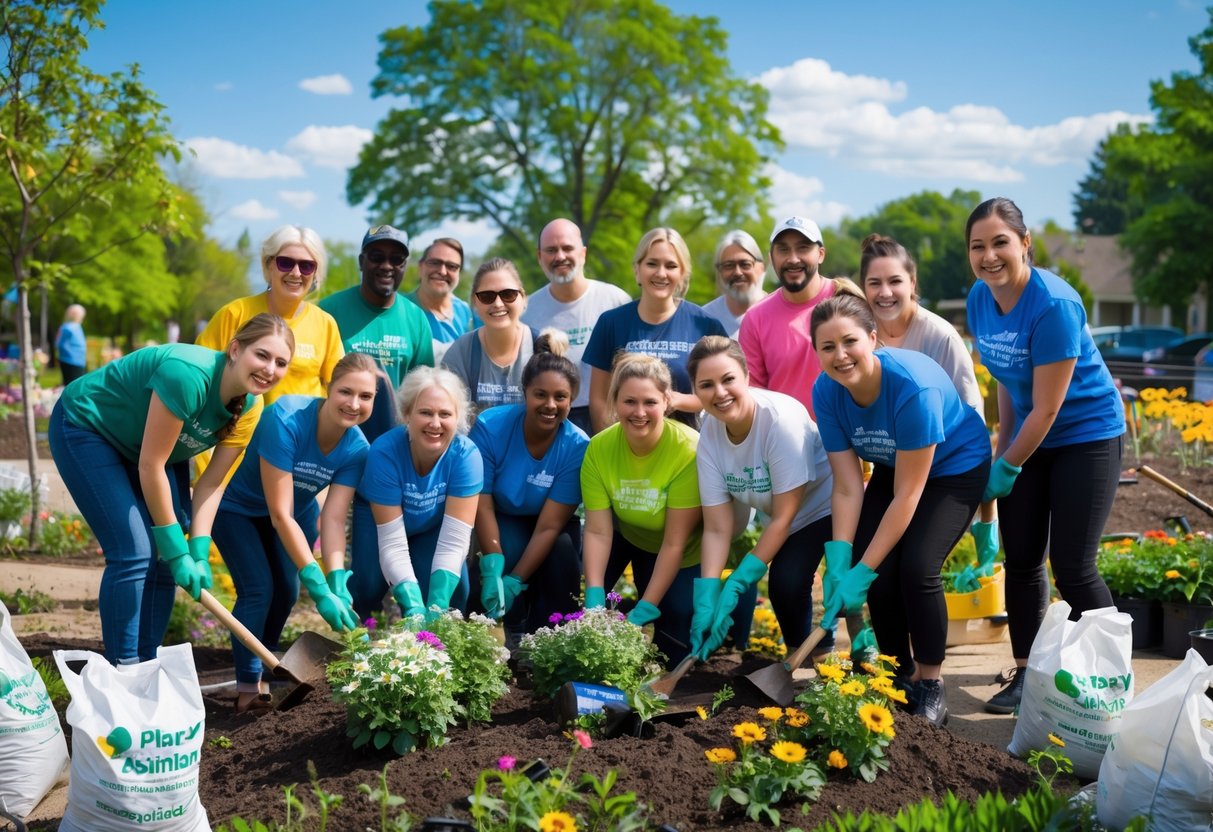 A group of volunteers planting flowers and cleaning a community garden together outdoors.