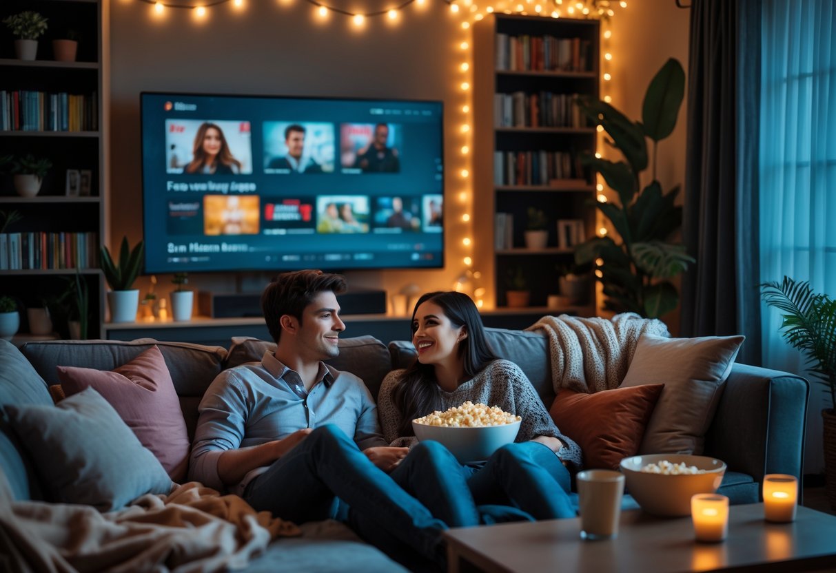 A couple sitting on a sofa watching a movie together in a cozy living room with blankets and popcorn.