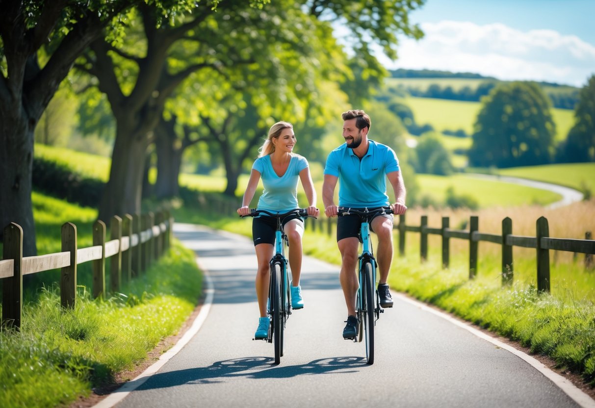 A couple riding bicycles together on a paved path surrounded by trees and greenery in a countryside setting.