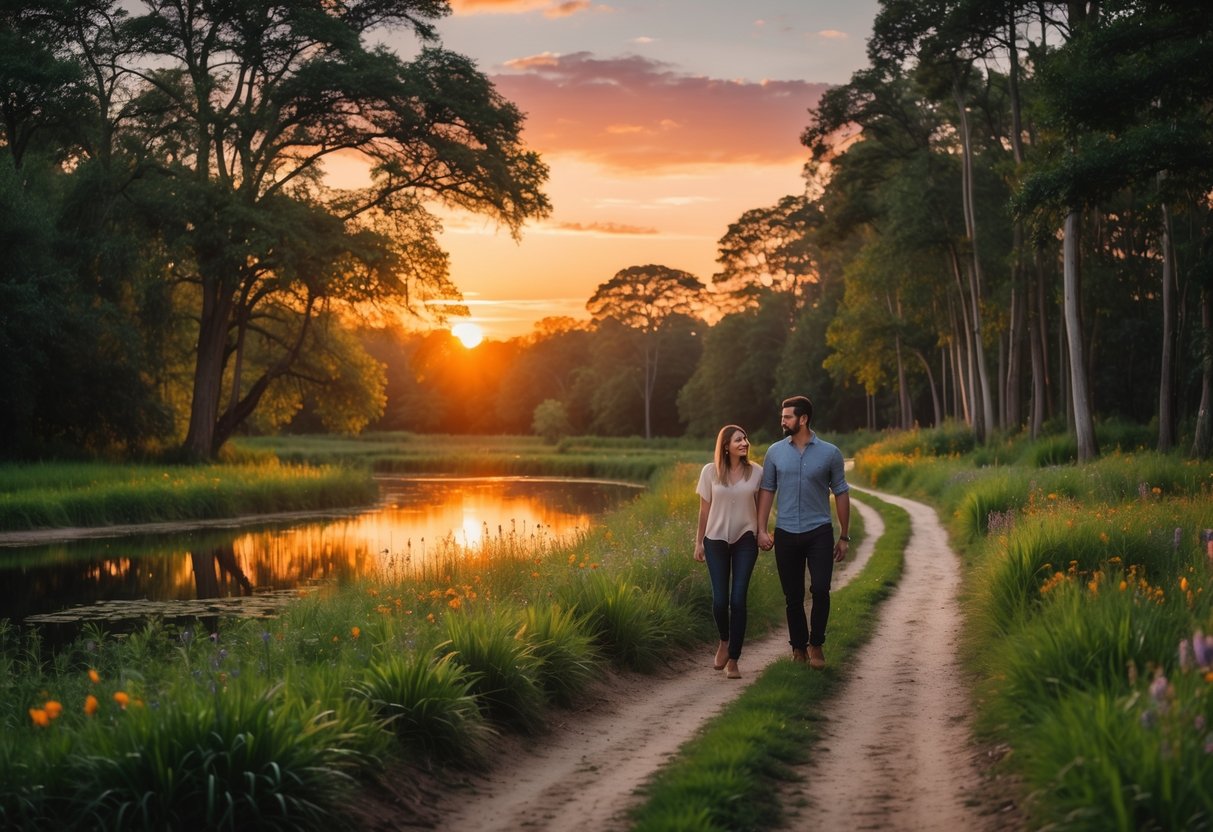 A couple walking on a dirt path through a green nature reserve at sunset with a pond and trees around them.