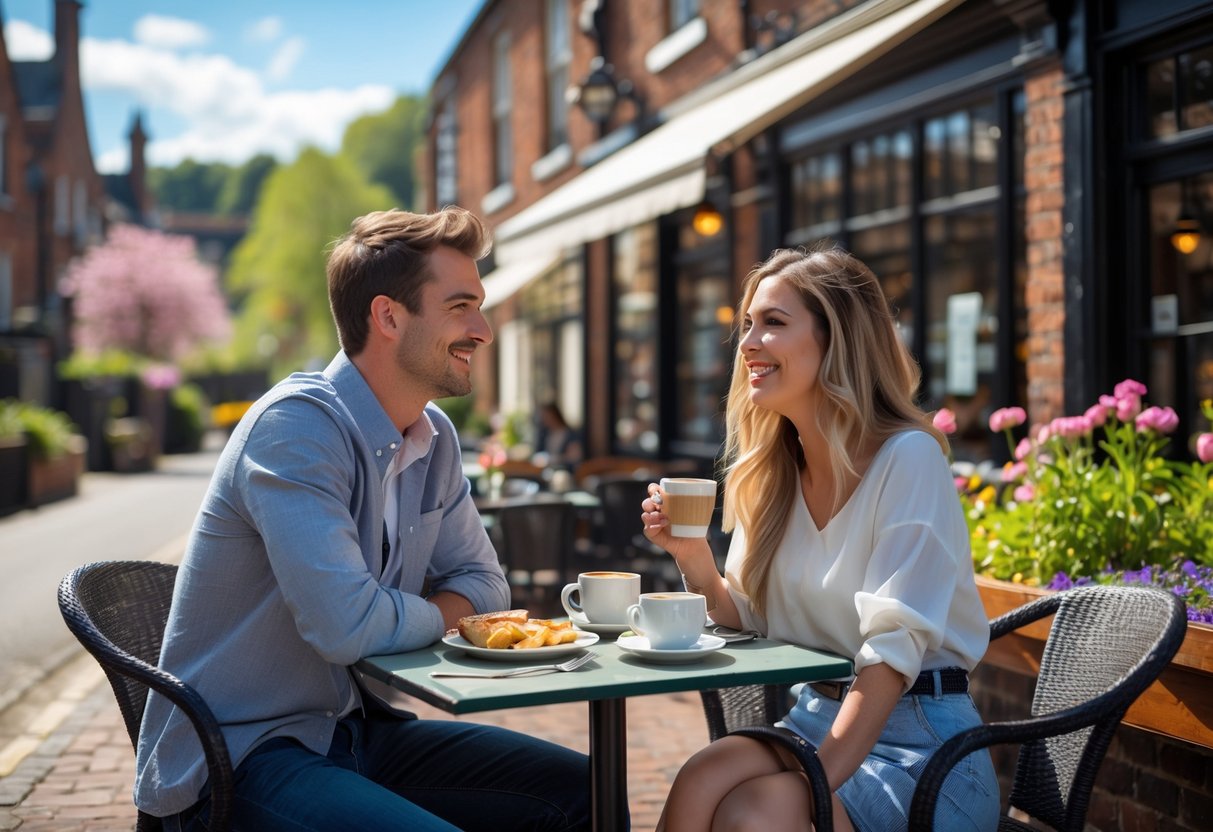 A young couple sitting at an outdoor café table in Darlington, smiling and enjoying a sunny day with historic buildings and a park in the background.