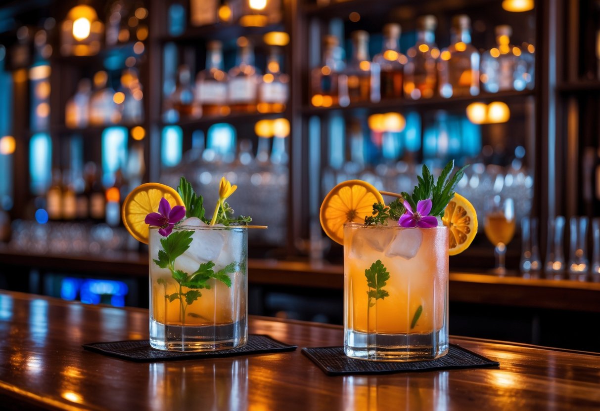Two colorful cocktails on a wooden bar counter in a dimly lit, elegant bar interior.