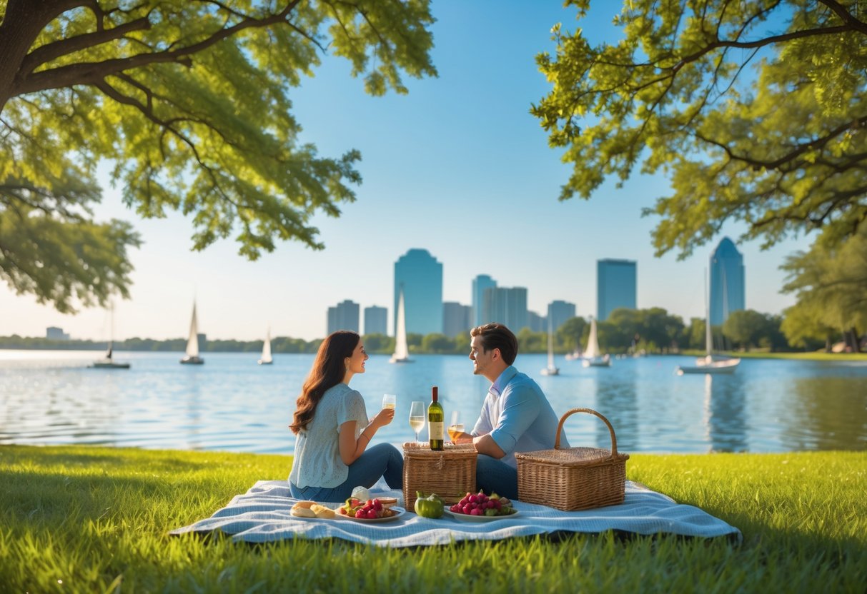 A young couple enjoying a picnic on a blanket near a lake with trees and a city skyline in the background.