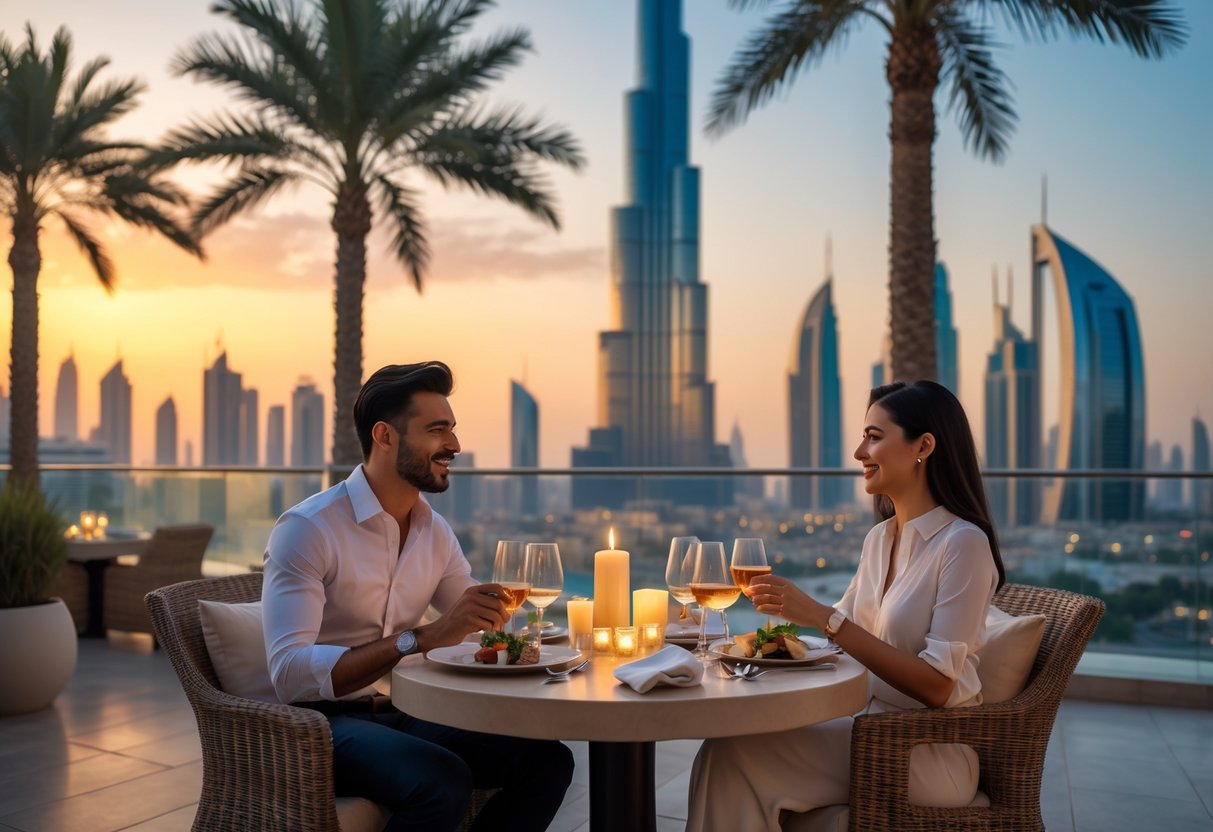 A couple enjoying a sunset dinner on an outdoor terrace with the Dubai skyline in the background.
