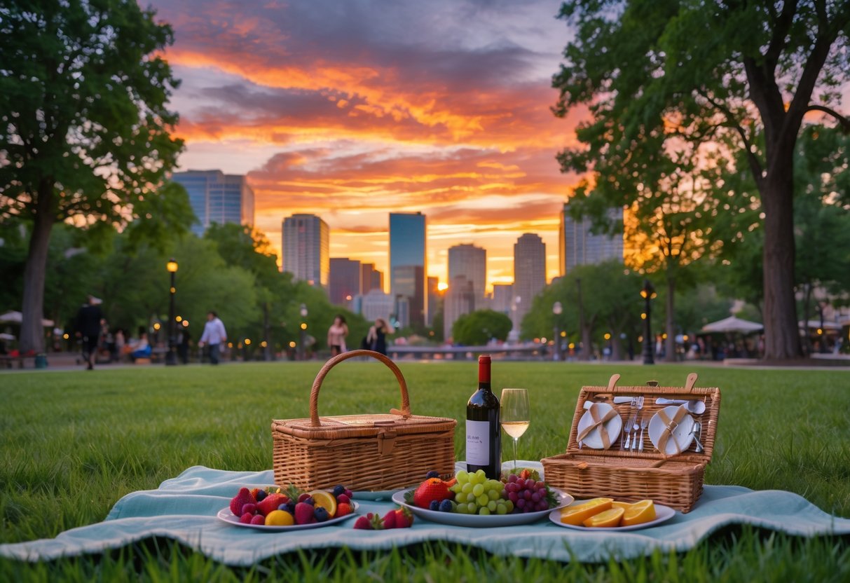 A couple enjoying a picnic on a blanket in a city park at sunset with the Denver skyline in the background.