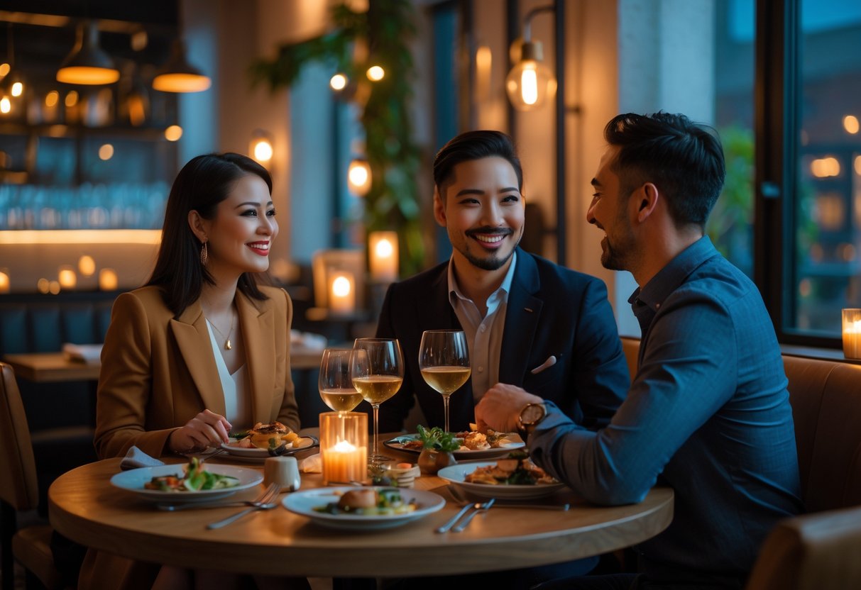 A couple enjoying dinner and drinks at a cozy, stylish restaurant table with warm lighting.