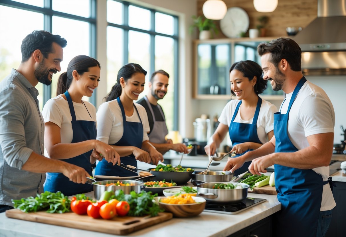 Couples cooking together in a bright kitchen, preparing food and smiling.