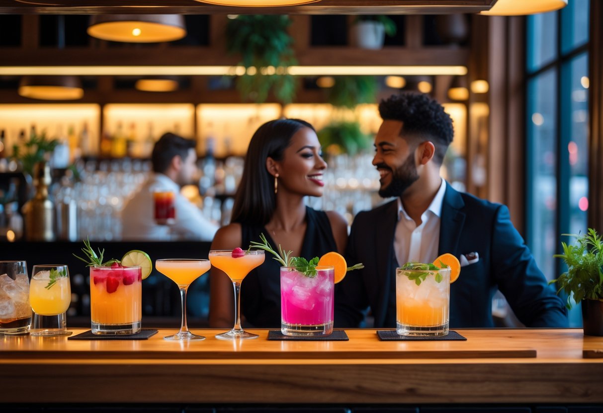 A couple enjoying craft cocktails together at a stylish bar with warm lighting and modern decor.