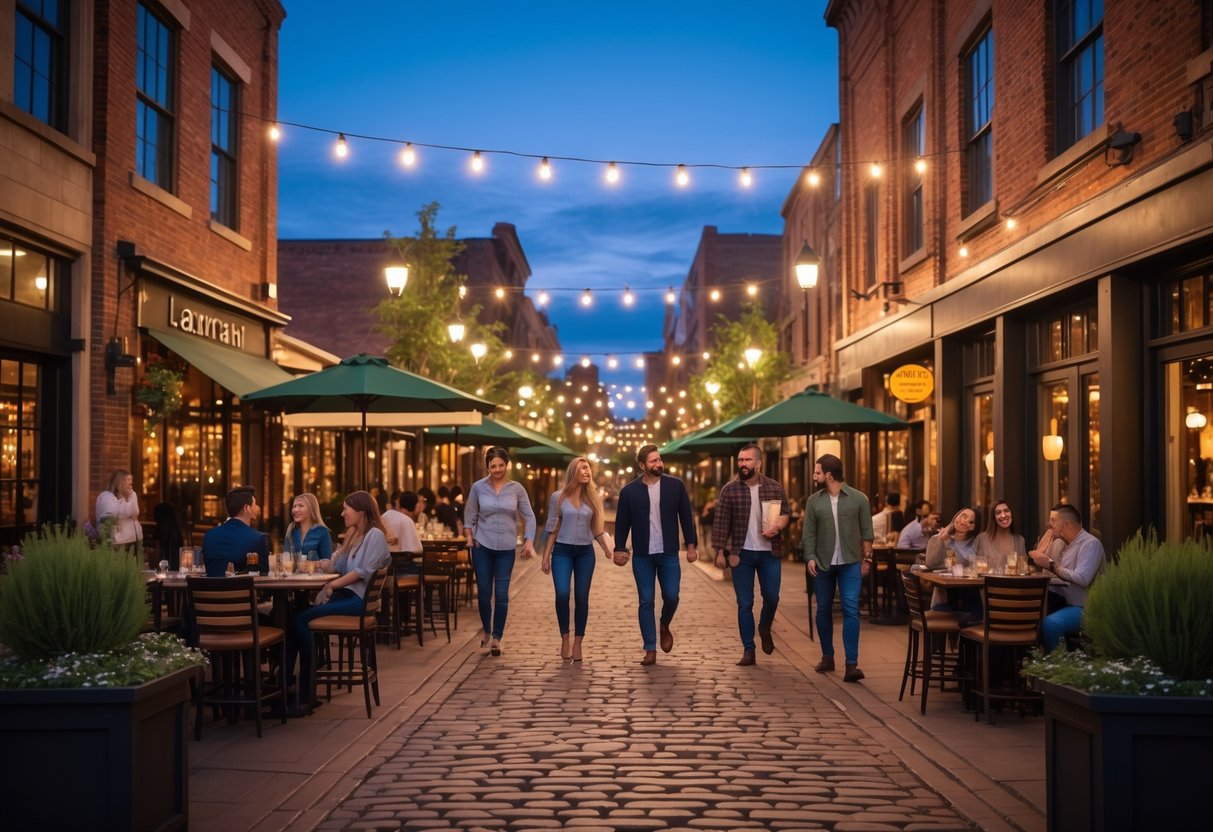 Couples and friends enjoying outdoor dining and shopping on a lively cobblestone street at Larimer Square in Denver during the evening.
